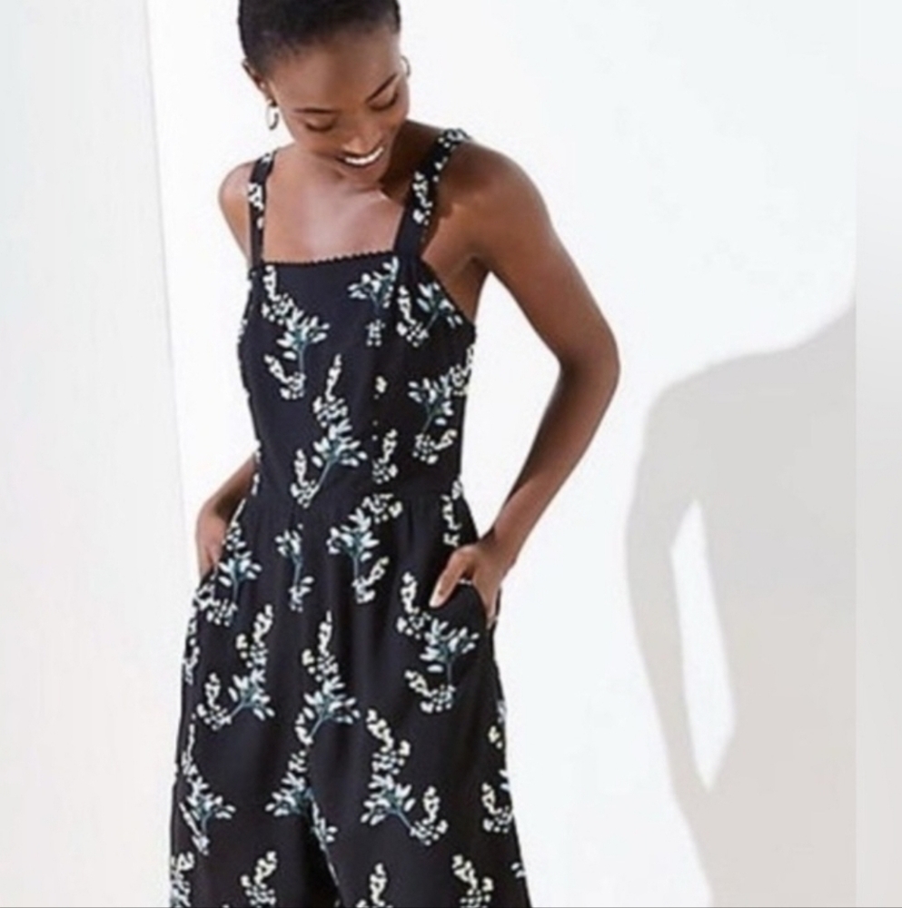 LOFT Black Wide-Leg Jumpsuit with White & Light Blue Floral Print